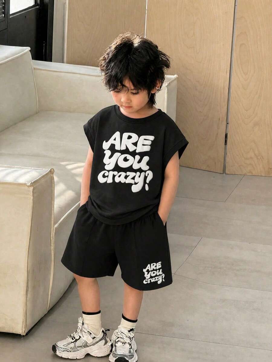 Conjunto de 2 piezas/Set Camiseta Gráfica con Estampado de Letras Burbuja y Pantalones Cortos Casual para Niños Jóvenes, Estilo Streetwear Hiphop de Verano, Suave y Versátil para Uso Diario, Escuela, Vacaciones, Fiesta - Negro - Ver 1