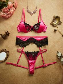 PinupPomp 5pcs Women's Embroidered Metal Chain Lingerie Set, Including Sexy Bra, Thong, Garter Belt, Leg Chain Satin Floral Embroidery Romantic Retro - Hot Pink - View 8