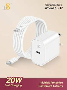 D8 20W USB C 快充充電器 (ETL 認證) - PD 電源牆充，附 3.3 英尺 USB-C 轉 USB-C 線，相容 IP 17/16/16 Pro/15/15 Plus/15 Pro/15 Pro Max、Air 4/5、Pro 12.9/11，女性友善 Type C 充電器，便攜式 USB C 牆充，適合旅行，ETL 認證 PD 充電器，相容 Apple 裝置，輕巧 USB C 充電器，耐用線材，高品質 20W USB C 充電器 - 白色 - 查看 2