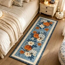 1pc Vintage Autumn Long Hallway Runner Rug, Harvest Orange And Blue-White Pumpkin Maple Leaf Floral Print Plush Carpet, Faux Cashmere Material, Suitable For Bathroom, Kitchen, Entryway, Hallway, Bedside, Living Room, Bedroom, Machine Washable, Non-Slip Backing, Halloween Decor, Bathroom Accessories, Room Decoration, Autumn Decor - Multicolor - View 3