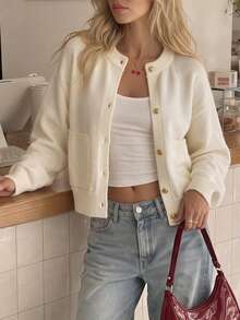 Women Fall Off White Knit Cardigan, Round Neck Gold Button Front Long Sleeve Sweater With Pockets For Daily Casual Outfits - Apricot - View 9