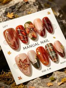 NAIO 10pcs Autumn Marble Maple Leaf Plaid Gold Line Floral Bead Glossy Press-On Nails, High-End Full Coverage, Vintage Autumn Elegant Style, Almond Shape, Suitable For Women And Girls Daily Wear, Dating, Outings, Autumn Parties - Multicolor - View 2