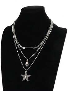 1pc Men's Multi-Layer Necklace, Silver Metal, Pin Skull Star Pendant Triple Layer Stacked Design, Hip-Hop Personalized Necklace Suitable For Daily Streetwear - Silver - View 3