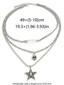 1pc Men's Multi-Layer Necklace, Silver Metal, Pin Skull Star Pendant Triple Layer Stacked Design, Hip-Hop Personalized Necklace Suitable For Daily Streetwear - Silver - View 4