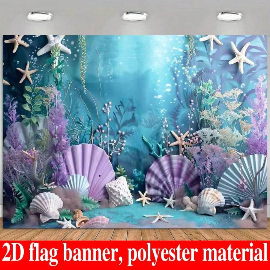 2D Flat Banner Mermaid Ocean Theme Photography Backdrop - Purple And Blue, Starfish And Shell Pattern, Suitable For Birthday Party And Photo Booth, Multi-Functional Polyester Decoration