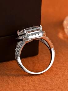 1pc Exquisite Hollow Four-Prong Rectangular Large Diamond Halo Couple Ring, Geometric Evening Party Proposal Engagement Gift Jewelry - White - View 4