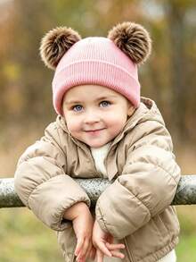 1PC Kids Solid Color Double Pom Pom Basic Cuffed Knit Hat, Multiple Color Options For Fashion Matching, Soft And Elastic Suitable For Autumn/Winter Multiple Occasions, Fits Both Boys And Girls - Multicolor - View 4