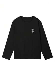 Women's Fashion Autumn/Winter Loose Minimalist Versatile Letter & Cartoon Print Long Sleeve T-Shirt Casual - Black - View 6