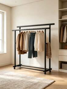 Double‑Rod Floor‑Standing Movable Clothes Rack With Thickened Metal Frame, Universal Casters, Large‑Capacity Garment Hanging, Stable Load‑Bearing, For Both Household Storage And Air‑Drying. - A - View 6
