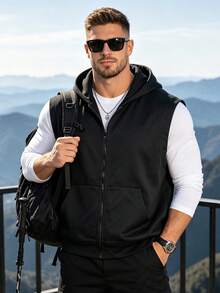 Men's Casual Vest, Solid Color Zipper Hooded Jacket, Lightweight Versatile Minimalist Vest, Spring/Summer Black - Black - View 1