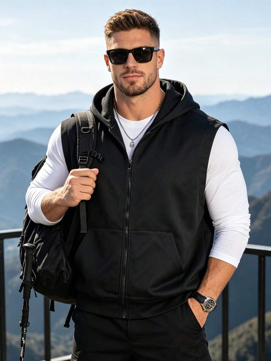 Men's Casual Vest, Solid Color Zipper Hooded Jacket, Lightweight Versatile Minimalist Vest, Spring/Summer Black - Black - View 1