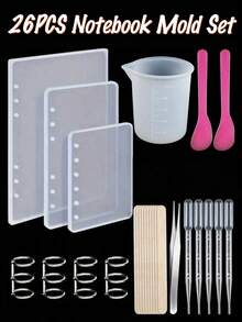 26pcs Notebook Silicone Mold Set / 3pcs Measuring Cups, Includes Book Rings, Spoons, Tweezers, Cups, Droppers, Wooden Sticks - Suitable For A5, A6, A7 Size Epoxy Resin DIY Projects, Epoxy Resin Handmade Crafts | Modern Handmade Supplies | Durable Silicone Molds - Multicolor - View 2