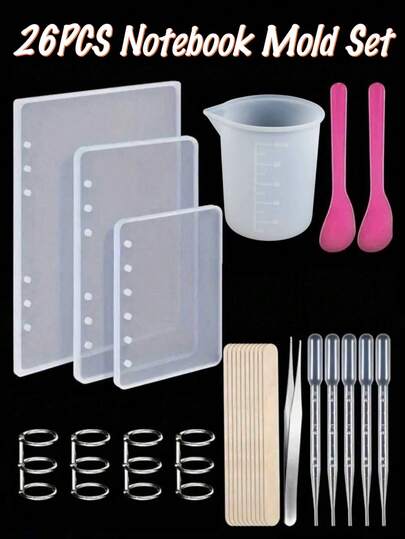 Juego de 26 piezas de moldes de silicona para cuadernos / 3 tazas medidoras, incluye anillos para libros, cucharas, pinzas, tazas, goteros, palitos de madera - Adecuado para proyectos DIY de resina epoxi de tamaño A5, A6, A7, artesanías hechas a mano con resina epoxi | Suministros modernos para manualidades | Moldes de silicona duraderos