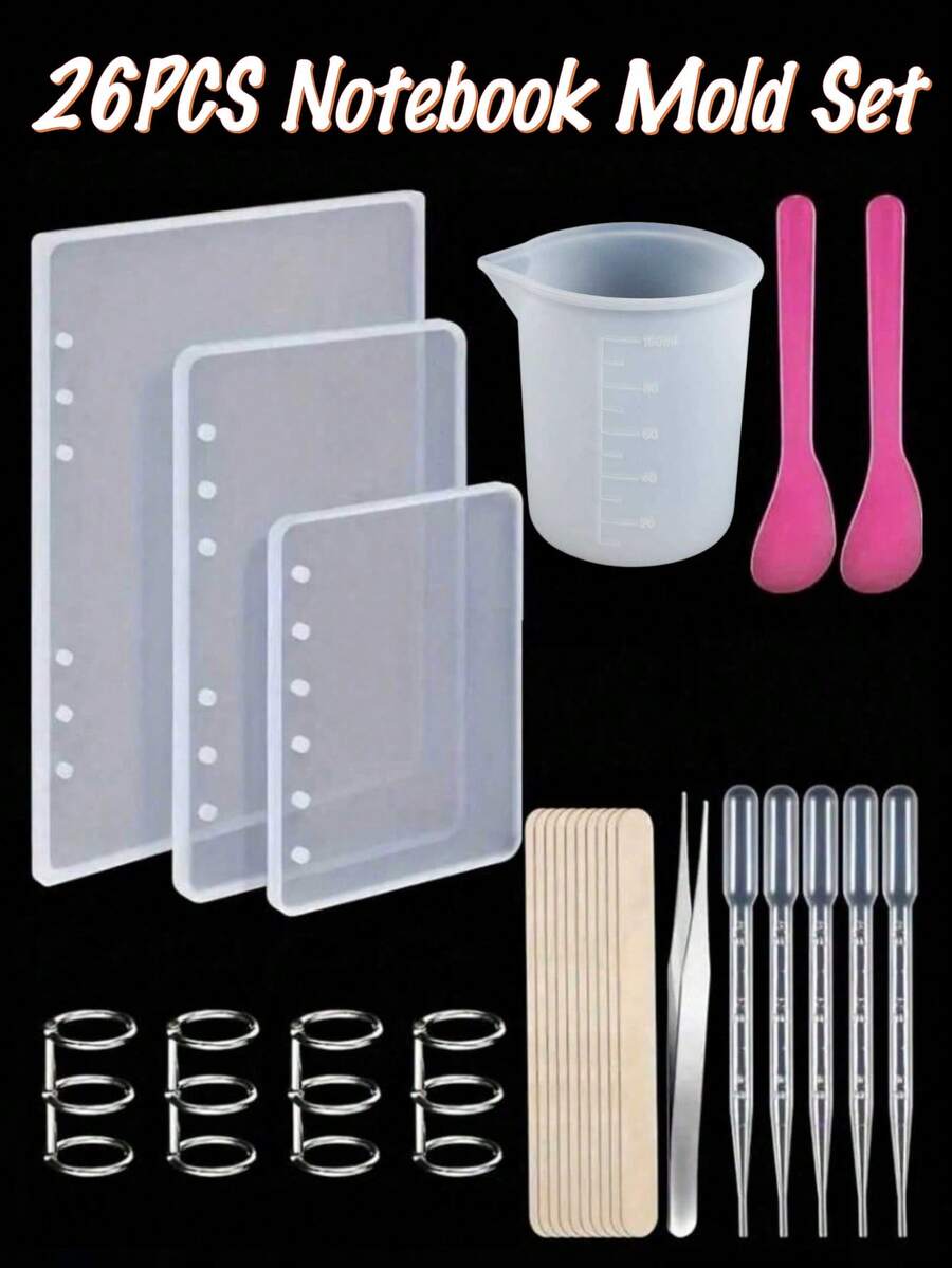 26pcs Notebook Silicone Mold Set / 3pcs Measuring Cups, Includes Book Rings, Spoons, Tweezers, Cups, Droppers, Wooden Sticks - Suitable For A5, A6, A7 Size Epoxy Resin DIY Projects, Epoxy Resin Handmade Crafts | Modern Handmade Supplies | Durable Silicone Molds