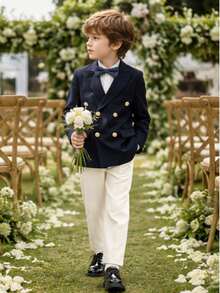 3pcs Boys' Suit Set, New Arrival Flower Boy Wedding Formal Outfit, Performance Wear, Includes Blazer, Pants, Bow Tie - Blue - View 3
