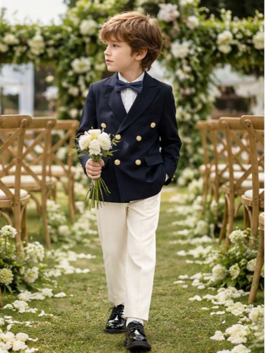 3pcs Boys' Suit Set, New Arrival Flower Boy Wedding Formal Outfit, Performance Wear, Includes Blazer, Pants, Bow Tie