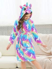 Tween Girls' Rainbow Starry Sky Unicorn Print Hooded Bathrobe - Multicolor - View 2