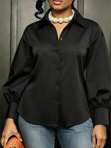 Plus Size Women's Solid Color Dropped Shoulder Long Sleeve Single Breasted Casual Shirt Black - Black - View 6