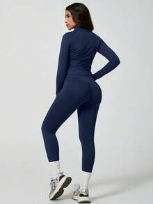 NcmRyu 1 Set Women Seamless Ribbed Zip Stand Collar Long Sleeve Top And High Waist Leggings Sports Suit - Navy Blue - View 8