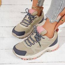 Women's Fashion Hiking Boots, Contrast Color Diamond Grid Pattern, Sports Outdoor, All Season, Lace-Up - Apricot - View 10