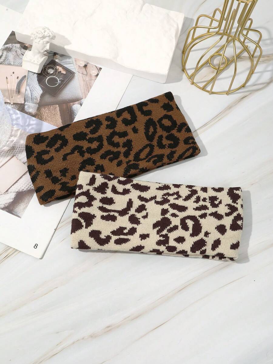 2/1pc Fall Winter Leopard Knit Wide Headbands For Women, Retro Animal Print Elastic Hairband, Fashion Hair Accessories For Casual Street Outfits - Multicolor - View 1