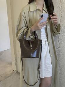 女款水桶手提包，時尚扣飾，優雅極簡設計，適合購物、通勤與商務，咖啡色 - 咖啡 - 查看 4