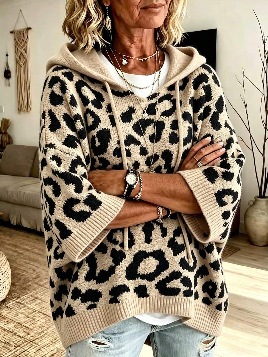 Chic Plus Size Cheetah Print Hooded Pullover Sweater For Women, Regular Length With Drawstring And Rib-Knit Details, Perfect For Fall Outfits - Khaki - View 1
