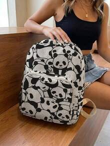 1 Piece Backpack, Women's Mini Backpack, Corduroy Girl's School Bag, Travel Storage Bag, Animal‑Printed Design, Large‑Capacity Foldable Easy‑To‑Store Bag, Lightweight And Pressure‑Relieving, Multi‑Pocket Layered Design With Zipper Closure - Red Panda 21045 - View 4