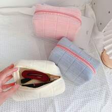 Soft Plaid Makeup Bag, Large Capacity, Japanese Minimalist Travel Cosmetic Organizer With Zipper, Odorless Quilted Pillow Bag, Suitable For Women And Students, Multi-Functional Storage Bag For Brushes And Toiletries, Gift Choice, 4 Colors Available - Multicolor - View 2