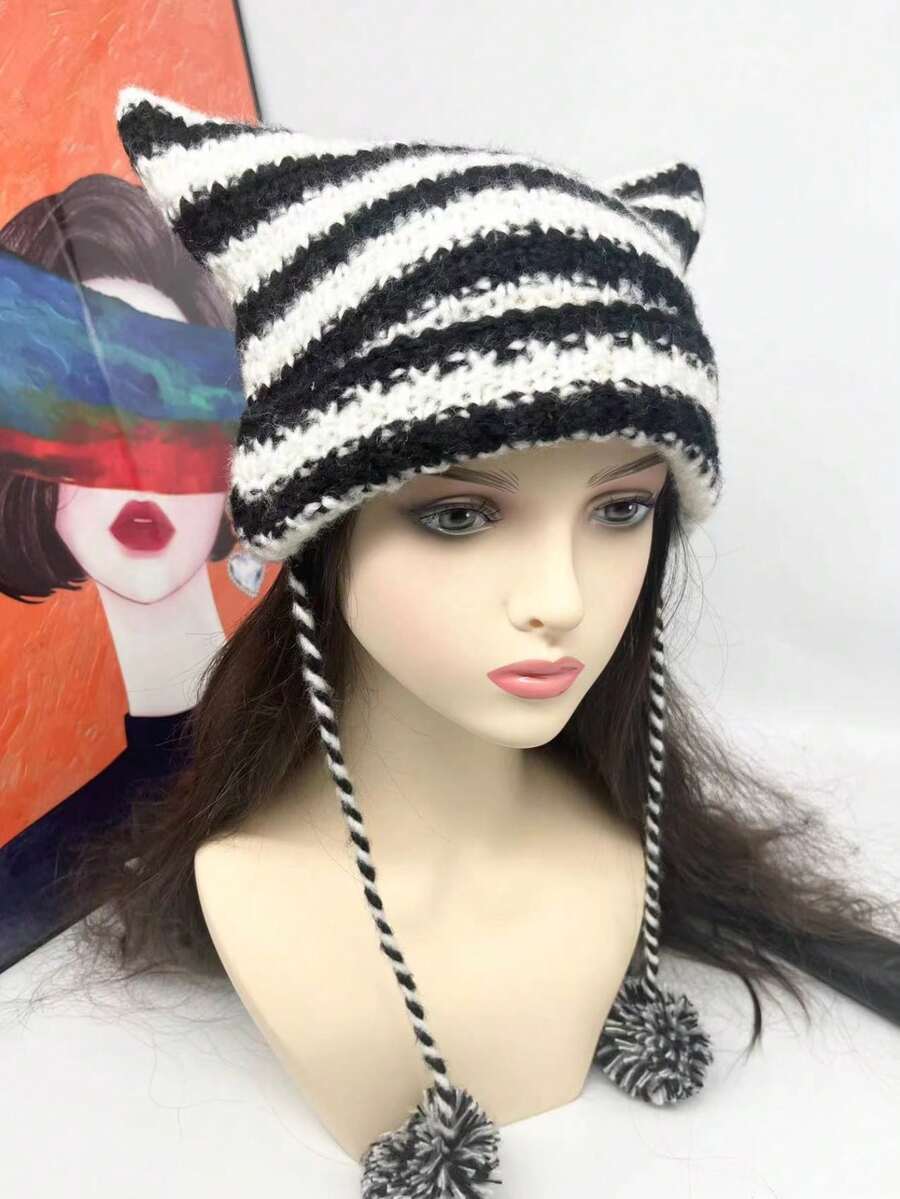 1件女款秋冬保暖可愛貓耳針織毛帽 - 彩色 - 查看 1