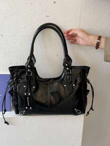 American Vintage Oil Wax PU Tote Bag For Women, Drawstring Rivet Multi-Pocket Underarm Bag, Large Capacity Casual Commute Shoulder Handbag - Black - View 4