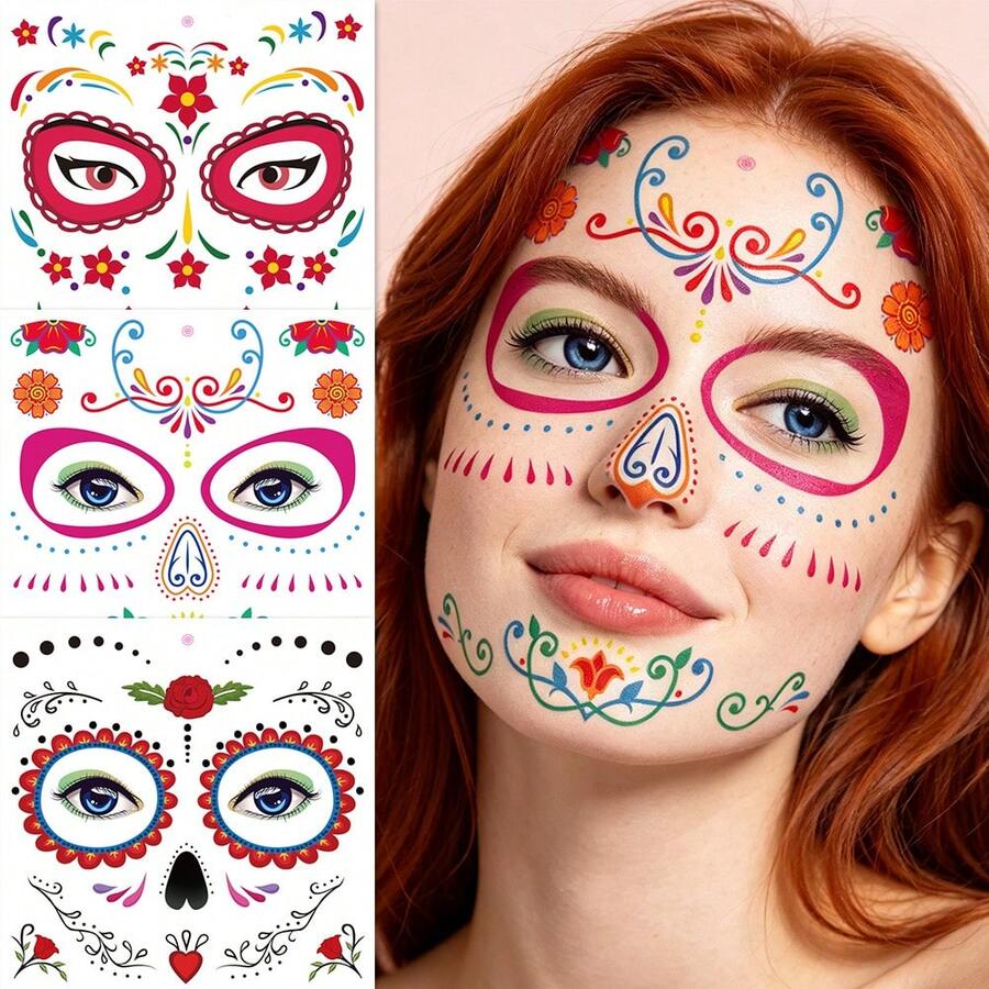 3 Sheets Day Of The Dead Temporary Tattoos, La Catrina Skull Waterproof Face Body Stickers For Halloween Party Makeup - Multicolor - View 1