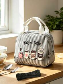 Striped Lunch Bag Featuring Coffee-Themed Patterns And Lettering.Reusable Insulated Lunch Box, Large Capacity Thermal Bag, Comes With Black Utensil Storage Bag, Snack Storage Bag, Multi-Functional Travel Storage Bag, Makeup Bag, Toiletry Bag, Suitable For School, Commute, Dorm, Picnic, Vacation, Birthday Gift, Halloween Christmas Gift - Multicolor - View 4