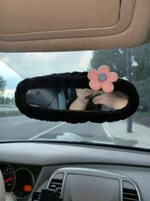 1pc Universal Plush Rearview Mirror Cover, Flower Plush Rearview Mirror Cover, Car Accessories, Car Decoration, Decorative Car, Gift, Protective Rearview Mirror Cover, Pink Car Rearview Mirror Protector, Cartoon Car Interior Decoration Accessories - Five-petaled Flower - View 12