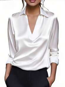 Women's Fashion Slimming Solid Color Front Button Blouse, Elegant Elegant Shirt For Vacation And Office, Spring Summer Autumn - Creamy White - View 5