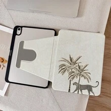 1件復古素描豹紋棕櫚樹熱帶圖案 360°可旋轉豹紋支架平板保護殼，相容 iPad 10代 10.9吋 2022 智能保護殼/Air 13(M3 2025)/Air 11(M3 2025)/11(A16 2025)，相容 OPPO Pad、MatePad、Pad、Honor Pad、Pad - 彩色 - 查看 3