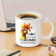 Novelty Tired Chicken Mug Ceramic Animal Print, "Caffeinate" Quote, 11oz(360ml), Hand Wash - White - View 1