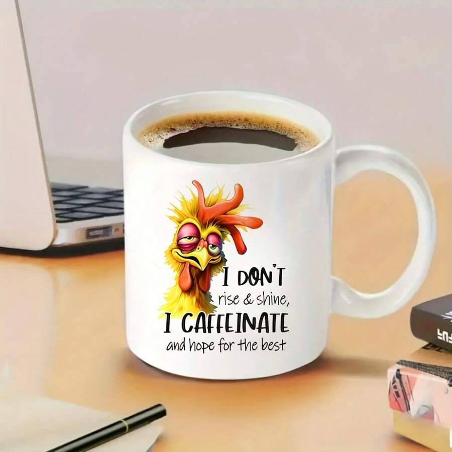 Novelty Tired Chicken Mug Ceramic Animal Print, "Caffeinate" Quote, 11oz(360ml), Hand Wash - White - View 1