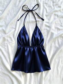 1pc Spring/Summer New Daily Party Vacation All-Season Solid Color Sleeveless Spaghetti Strap Strap Tank Top Casual - Navy Blue - View 3
