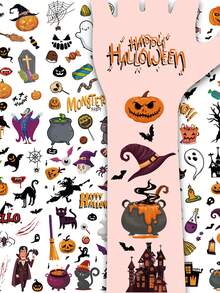 10 Sheets, Of 130pcs Halloween Series Element Pattern Temporary Tattoo Stickers, Cartoon Ghost Zombie Witch Black Cat Pumpkin Patterns, Waterproof And For 2-5 Days, Suitable As Halloween Party Gifts - Multicolor - View 2