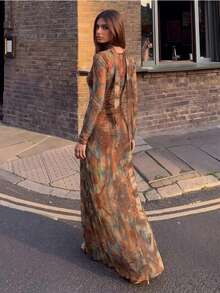 Fall Effortless Chic Abstract Print Mesh Maxi Dress Women Vintage Print Long Sleeve Side Ruched Bodycon Elegant Party Club Dress With Scarf - Multicolor - View 4