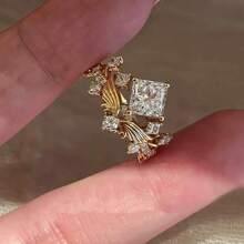 Vintage Princess Square Zirconia 18K Gold Plated Wing Proposal Crown Open Ring For Women - Gold - View 3