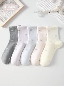 4 Pairs Women's Cute Sweet Romantic Breathable Bow Pattern Short Socks, White Casual Comfortable Mid-Calf Socks, College Style Student Socks, Fashionable Comfortable, Random Color, Suitable For Daily Wear, Spring Summer Autumn Winter All Seasons - Multicolor - View 9