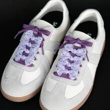2 Pairs (0.32inch Wide) Solid Color Flat Shoelaces With Soft Hollow Lace Shoelaces Combination, DIY Decoration, Contrast Color - 27 Flat Strap-d624 Purple + Hollow Lace-light Purple - View 4