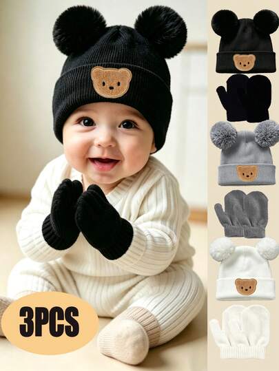 3pcs/6pcs Set Baby Double Ball Knit Hat And Gloves, Warm Autumn/Winter Newborn Hat, Soft And Comfortable, Suitable For Toddlers, Christmas/Thanksgiving Gift