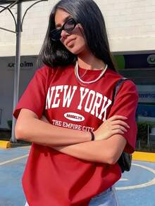 Women's Casual T-Shirt With "NEW YORK BROOKLYN THE EMPIRE CITY" Print – City Theme, Urban Culture, Casual Crew Neck Top – Breathable, Lightweight - Red - View 4