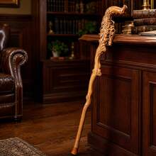 Handcrafted Wooden Phoenix Walking Cane, Carved Flower Wizard Staff With Tip Base, Fantasy Cosplay Prop For Halloween Costume, Renaissance Fair - Yellow - View 2