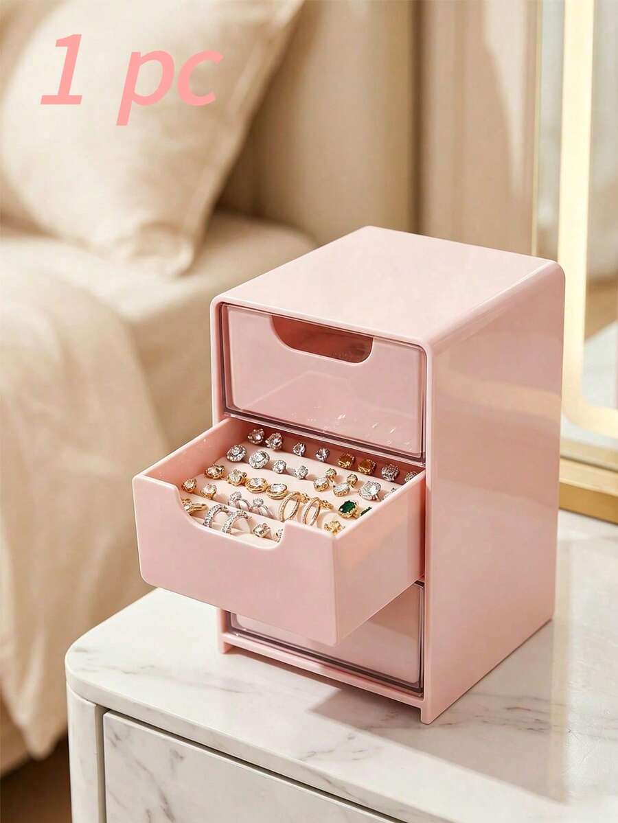 1pc 3-Layer Pink Glossy Plastic Drawer Storage Cabinet, Minimalist Desktop Small Accessories & Cosmetics Organizer, Suitable For Office, Bedroom, Holiday Gift, All Seasons - Multicolor - View 1
