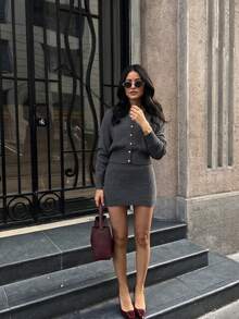 MORI Autumn/Winter Dark Grey Women's 2 Pieces Knit Set Cardigan & Mini Skirt Sweater Outfit Elegant Quiet Luxury Style Suitable For Office Work Vacation Outings - Grey - View 5