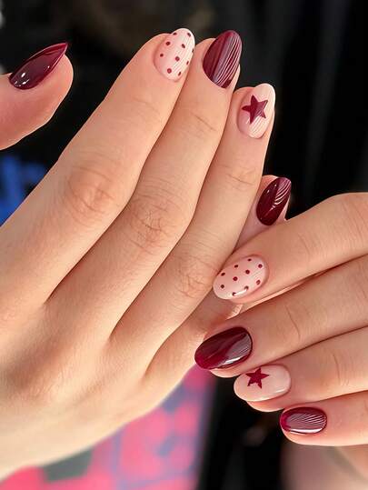 24pcs Burgundy Minimalist Star & Dot Pattern Short Oval False Nails, Suitable For Daily Decoration & Matching